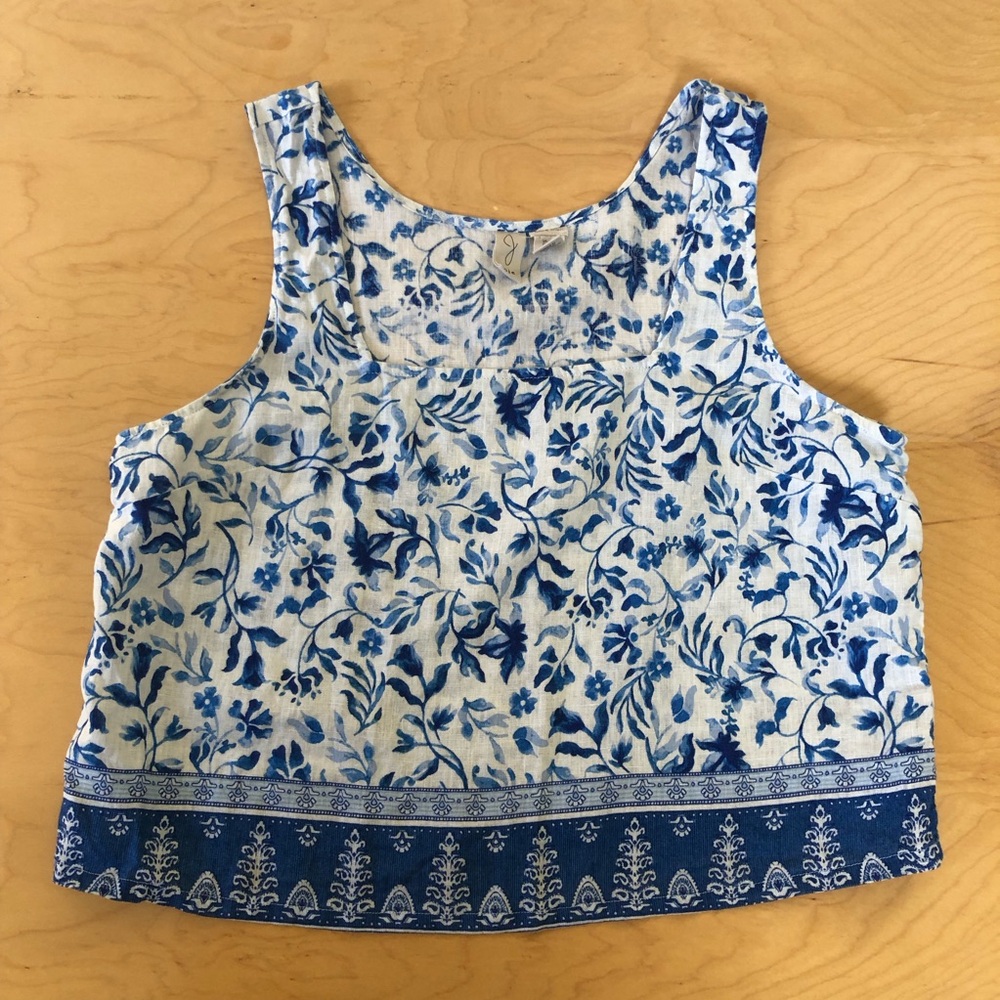 Joie 100% Linen is Blue and White Floral Cottagecore Crop Top Large